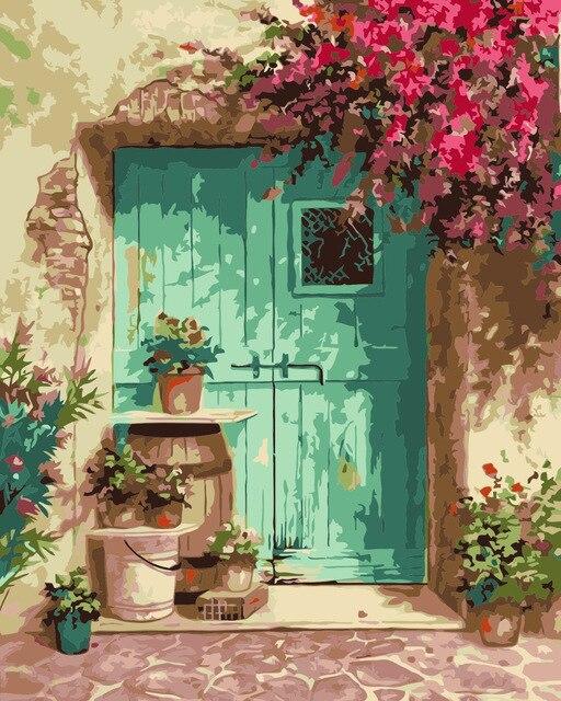 Flowers Decorate Door of The House Flowers Paint By Numbers - Canvas Paint  by numbers
