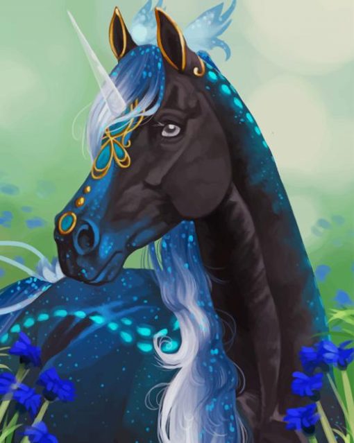Fantasy Black And Blue Unicorn paint by number