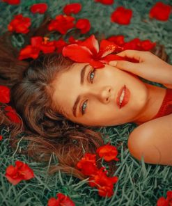 Beautiful Girl With Red Flowers paint by numbers
