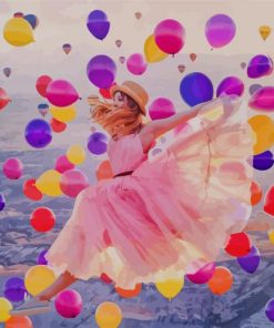 Girl Jumping Colorful Balloons paint by number