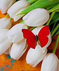 Red Butterfly On White Tulips paint by numbers