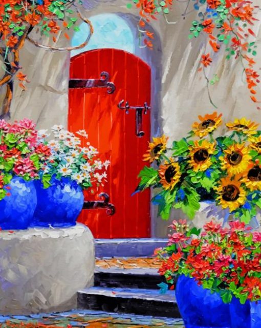 Red Door With Flowers paint by numbers