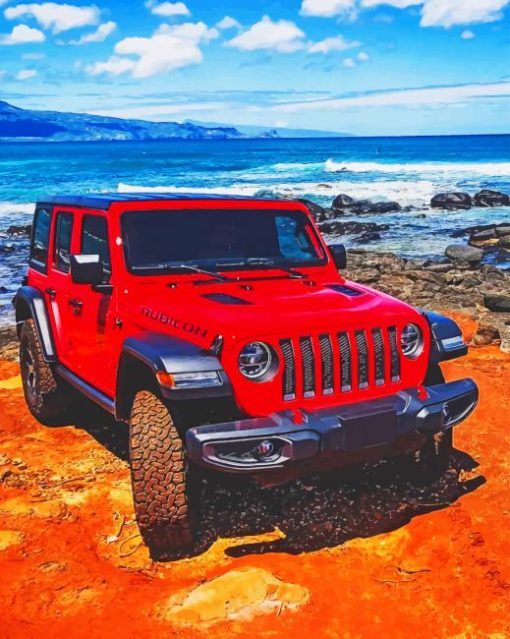 Red Jeep In Beach paint by numbers