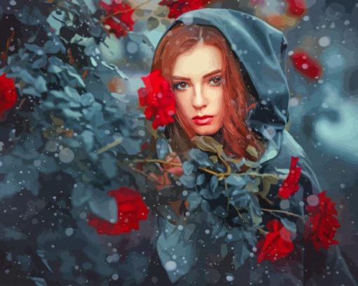 Redhead Girl Red Flowers paint by number