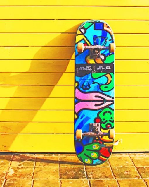 Colorful Skateboard On A Yellow Wall paint by numbers