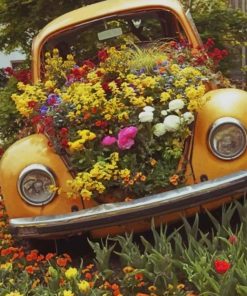 Vintage Aesthetic car And Flowers paint By numbers