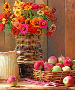 Apples And Zinnia Flower Vase On The Table paint by numbers