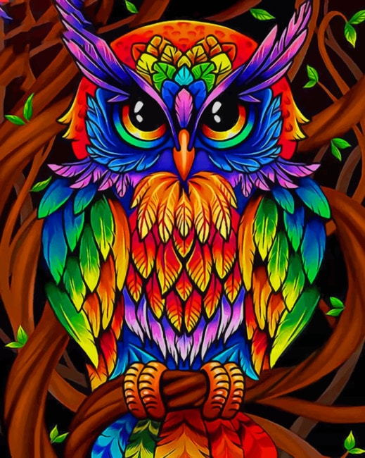 2.75x2.75 standard wrapped  Rainbow  Colorful  Nature  Gold Bird  Owl  Miniature Original Canvas Painting