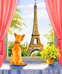 Dog In Window Watching Eiffel Tower paint by numbers