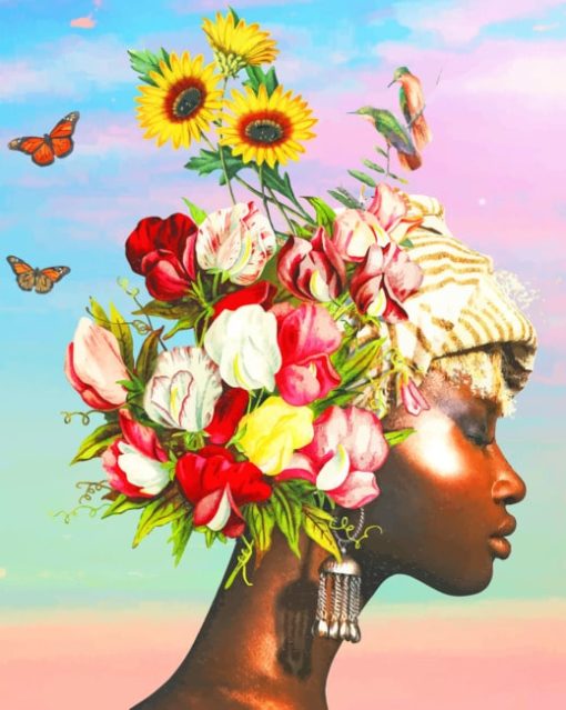 Flowers On African Girl Hair paint by numbers