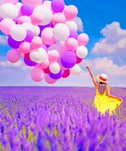 Girl Holding Balloons In Lavender Field paint by numbers