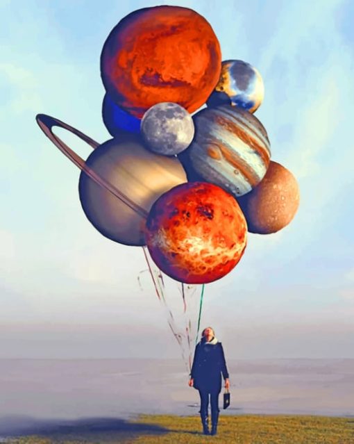 Girl Holding Balloons Planets paint by numbers