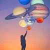 Girl Silhouette Holding Balloons Planets paint by numbers