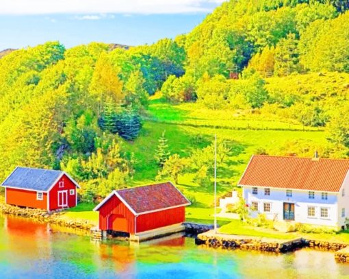 Houses In Norway Lake Water paint by numbers