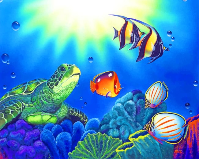 Turtle And Fishes In Sea paint by numbers