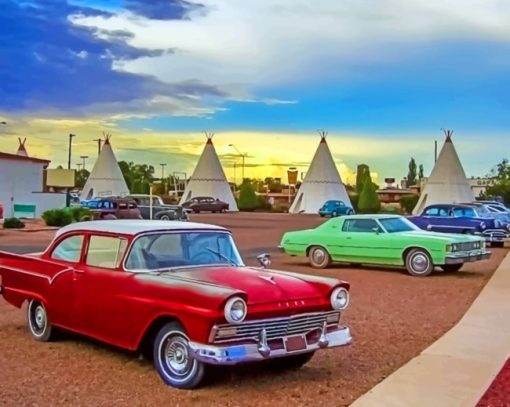 Vintage Cars Near The Wigwam Motel paint by numbers