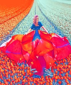 Woman Wearing Flowy Dress In Tulips Field pain by numbers