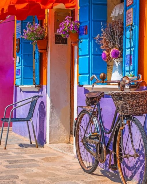 Hybrid Bicycle Beside Colorful House painting by numbers