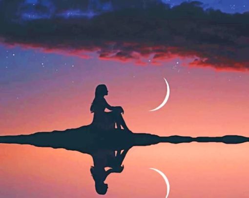 Girl And Crescent Moon Silhouette paint by numbers