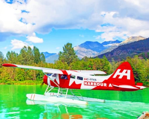 Red Seaplane And Trees And Mountains paint by numbers
