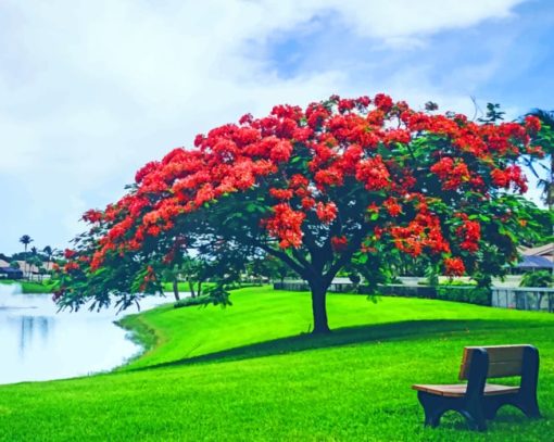 Red Flowering Trees Beside The Lake paint by numbers