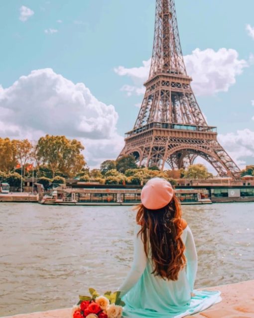Woman Sitting In Front Of Eiffel Tower painting by numbers