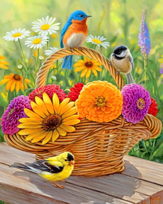 Birds On Flowers Basket paint by numbers