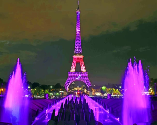eiffel tower at night purple