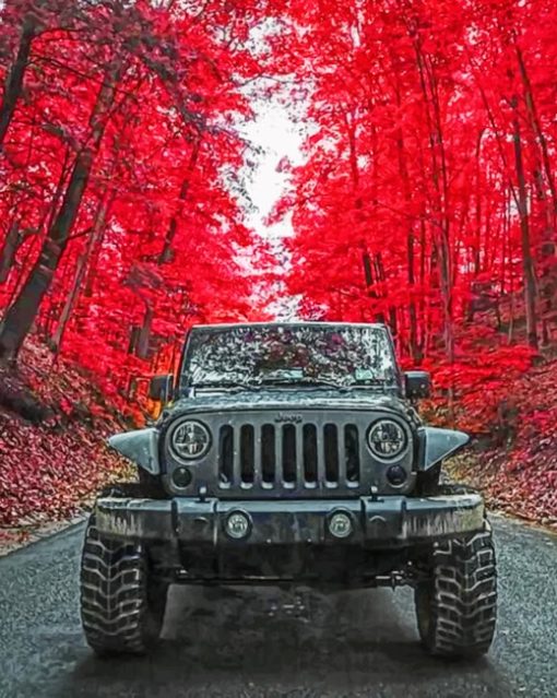 Black Jeep Under Red Trees paint by numbers