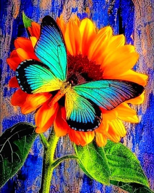 Blue Butterfly On Sunflower paint by numbers