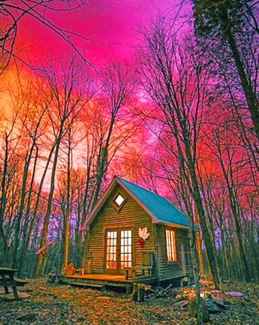 Sunset Over Small Wooden House paint by numbers