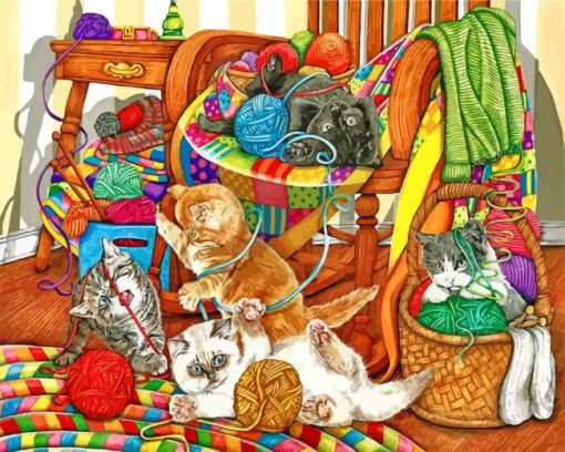 Cats In Knit Room paint by numbers
