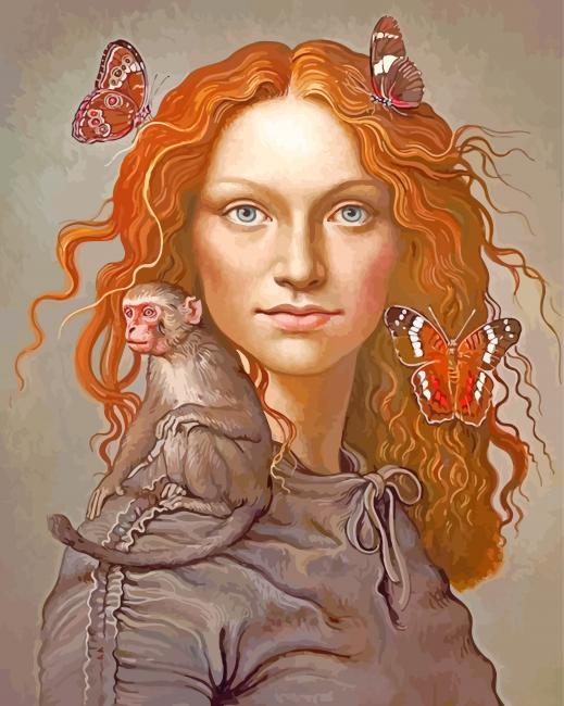 Ginger Lady With Monkey And Butterflies paint by numbers