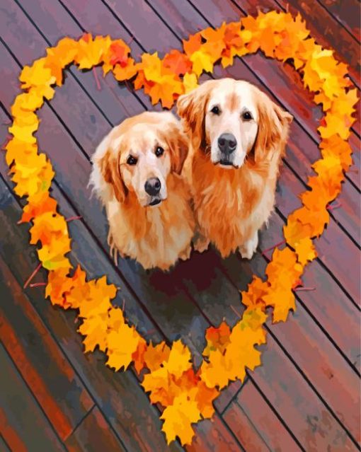 Golden Retriever In Leaves Heart paint by numbers
