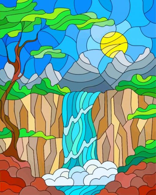 Illustration Stained Glass Waterfall paint by numbers