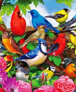 Flowers And Friendly Birds paint by numbers