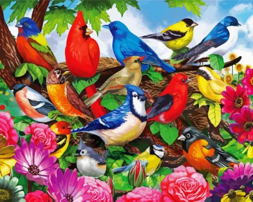 Flowers And Friendly Birds paint by numbers