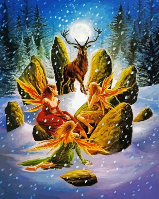 Stag And Elves In Snow paint by numbers