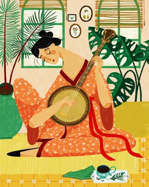 Asian Lady Playing Banjos paint by numbers