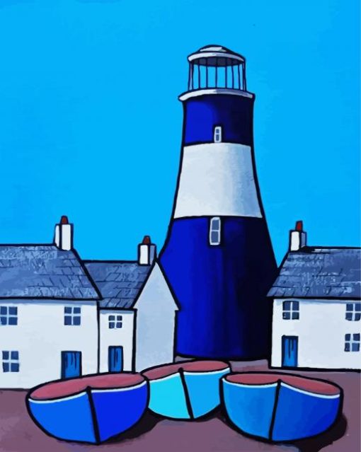 Blue Lighthouse And Boats paint by numbers