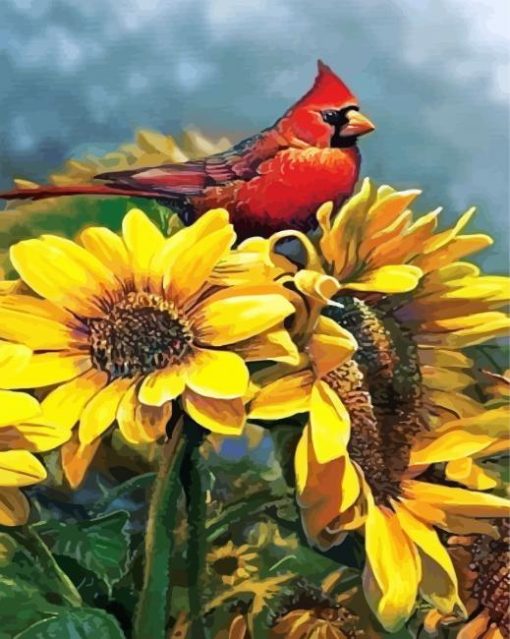 Red Cardinal On Sunflowers paint by numbers