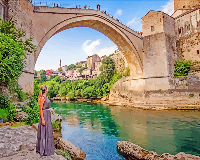 Woman Contemplating Mostar Bridge paint by numbers