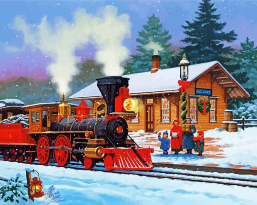 Snow Christmas Train Station paint by numbers