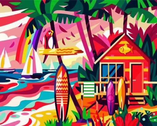 Beach Hut And Surfboard paint by numbers