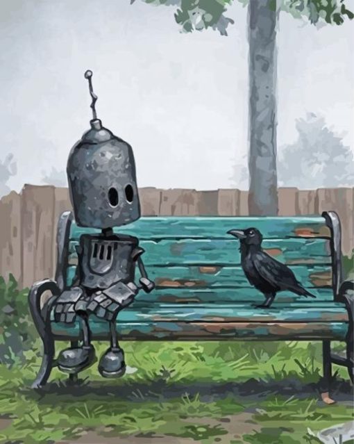 Robot Sitting With Bird paint byb numbers