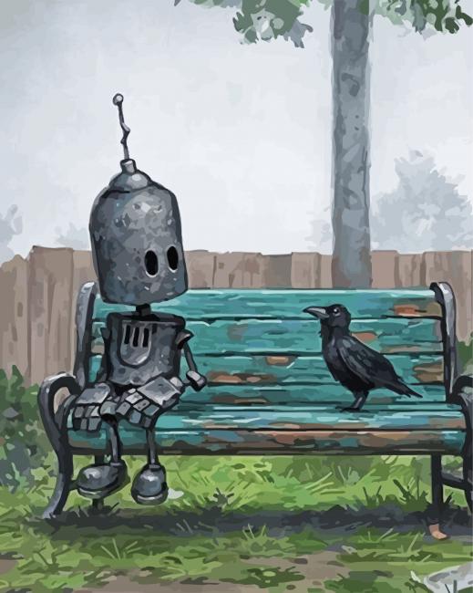 Robot Sitting With Bird paint byb numbers