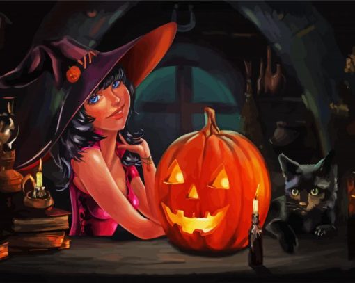 Halloween Witch And Black Cat paint by numbers
