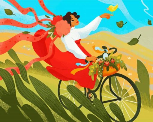 Lady On Bicycle And Chick paint by numbers