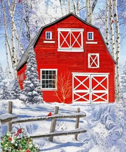 Snowy Red Barn paint by numbers