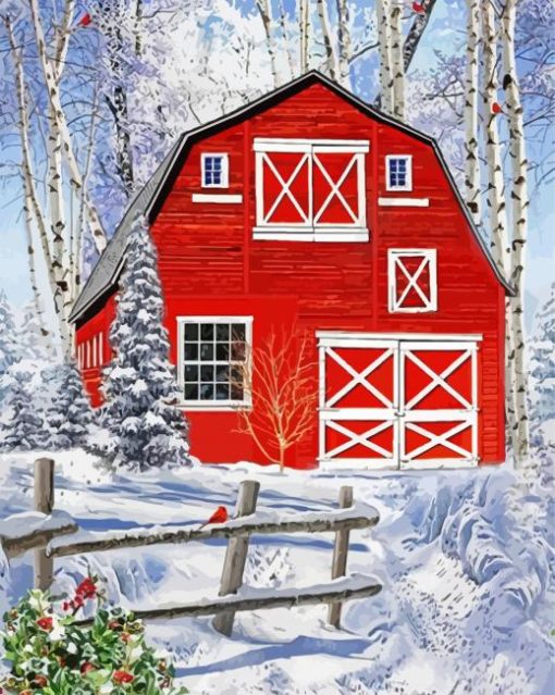 Snowy Red Barn paint by numbers